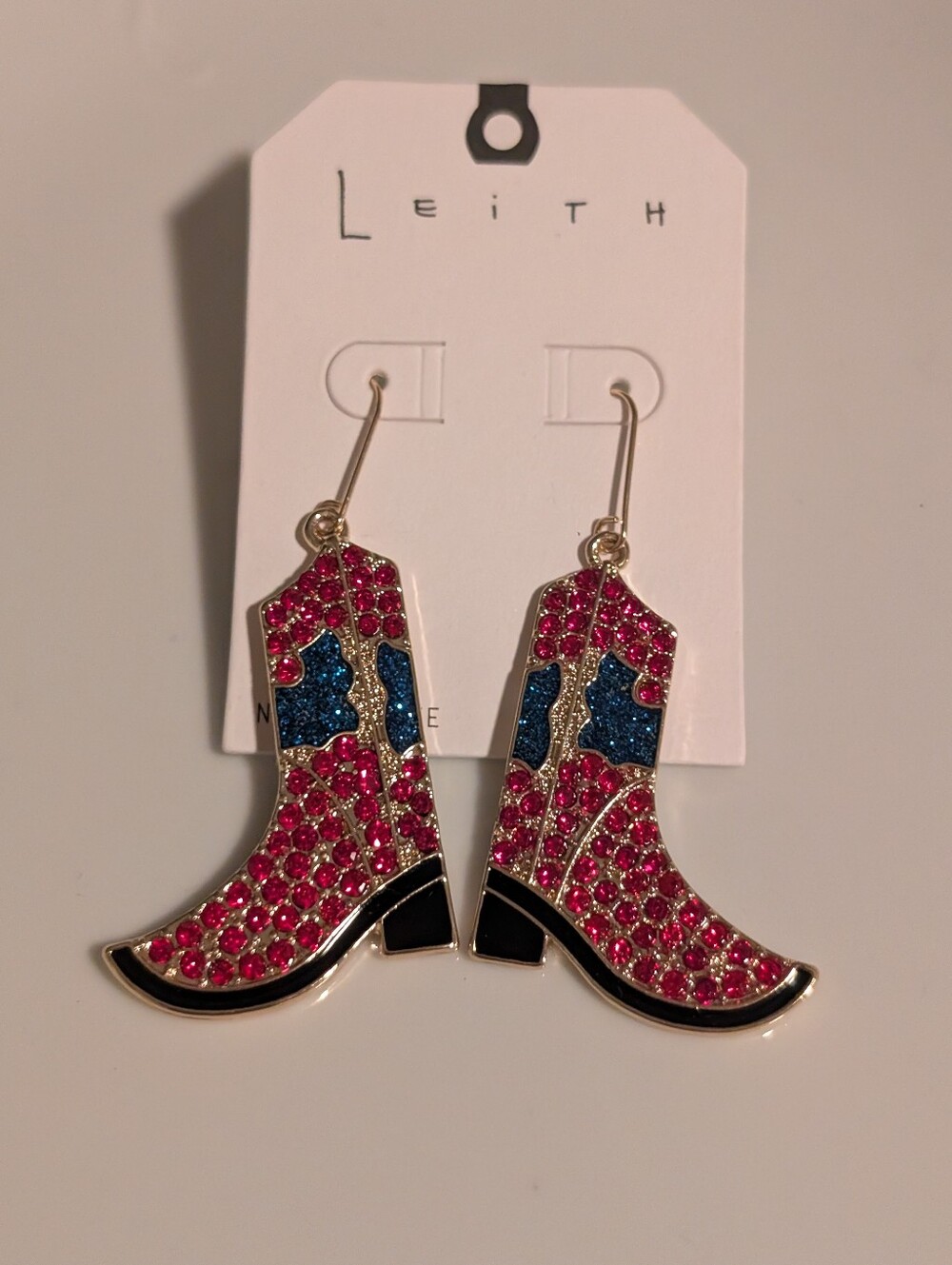 Leith Pink and Blue Rhinestone Cowboy Boot Dangle Earrings